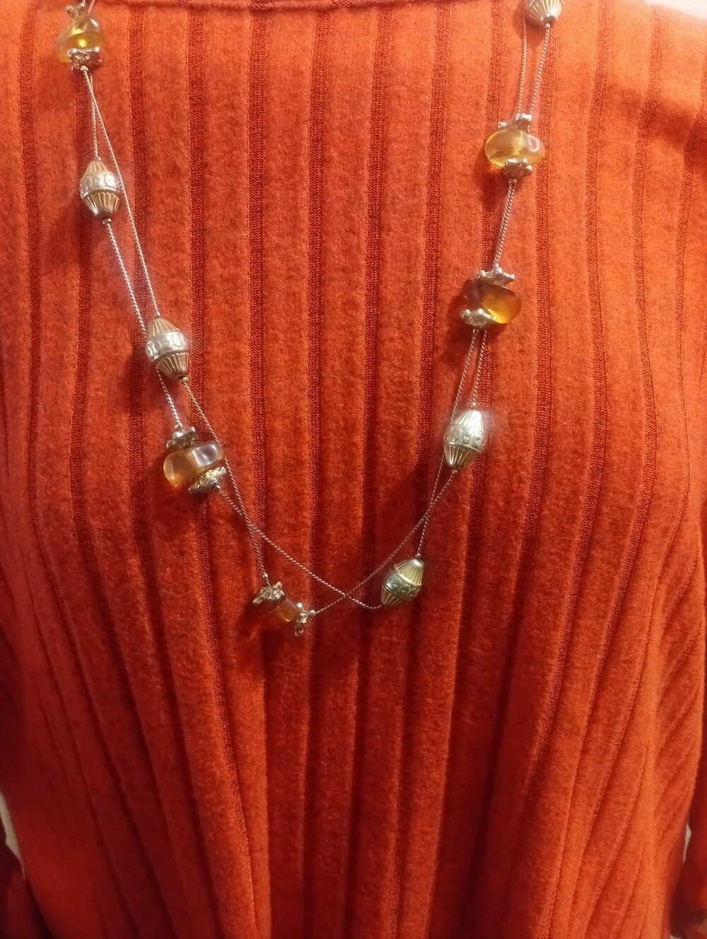 Vintage Beaded Amber,Metal Gold Glass ,Silver-Tone Long Necklace - Women Jewelry